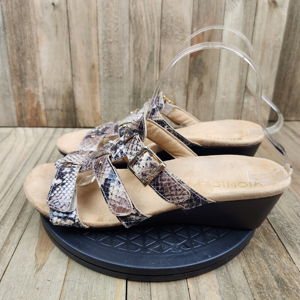 Vionic Wedge Sandals Womens size 9 Snakeskin Print Orthotic Slide Brown